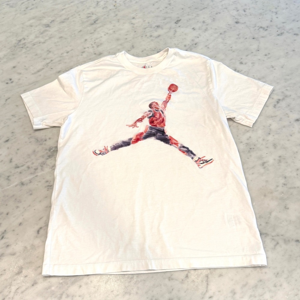 Jordan Mens Watercolor Jumpman Graphic T-Shirt White Size M Short Sleeve Cotton